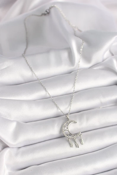 Gümüş Renk Zincir Zirkon Taşlı Hilal Model Sallantı Yaprak Detay Kadın Kolye - EBJ241228W30259 - Resim 2