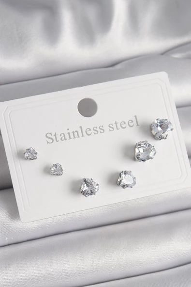 Gümüş Renk Zirkon Taşlı Kalp Model Kadın Küpe Seti - EBJ241228W30180 ürün görseli