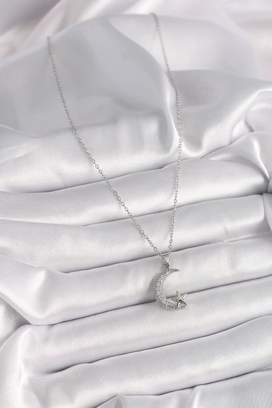 Gümüş Renk Zincir Zirkon Taşlı Hilal Model Yıldız Detay Kadın Kolye - EBJ241228W30263 - Resim 2