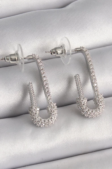 Pirinç Gümüş Renk Zirkon Taşlı Çengelli İğne Model Kadın Küpe - EBJ241228W30239 ürün görseli