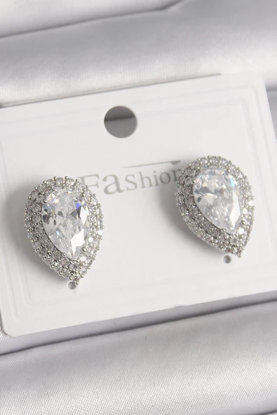 Pirinç Gümüş Renk Zirkon Taşlı Damla Model Kadın Küpe - EBJ241228W30219 ürün görseli