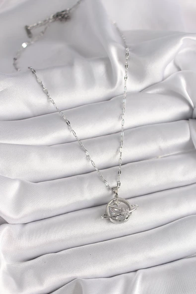 Gümüş Renk Zincir Zirkon Taşlı Yıldız Detay Gezegen Model Kadın Kolye - EBJ241228W30251 - Resim 2