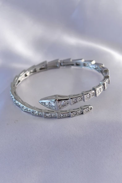 VIP Seri Yılan Model Gümüş Renk Kadın Kelepçe Bileklik - EBJ241228W30173 - Resim 2