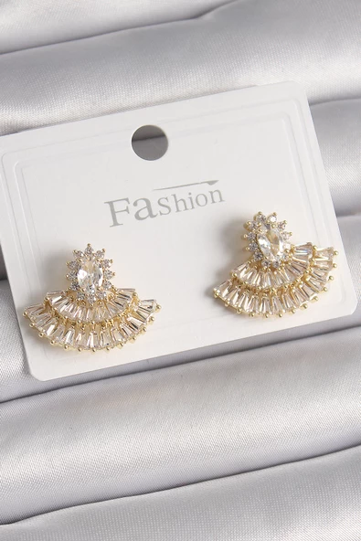 Pirinç Gold Renk Zirkon Taşlı Yelpaze Model Kadın Küpe - EBJ241228W30216 ürün görseli