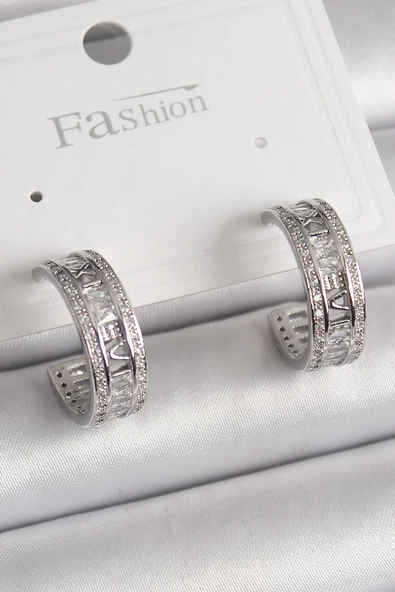 Pirinç Gümüş Renk Zirkon Taşlı İşleme Detay Halka Model Kadın Küpe - EBJ241228W30215 ürün görseli