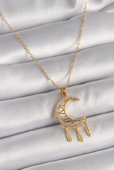 Gold Renk Zincir Zirkon Taşlı Hilal Model Sallantı Yaprak Detay Kadın Kolye - EBJ241228W30258 ürün görseli