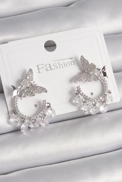 Pirinç Gümüş Renk Zirkon Taşlı Sallantı Detay Kelebek Model Kadın Küpe - EBJ241228W30203 ürün görseli