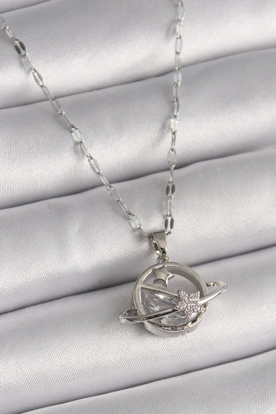 Gümüş Renk Zincir Zirkon Taşlı Yıldız Detay Gezegen Model Kadın Kolye - EBJ241228W30251 ürün görseli