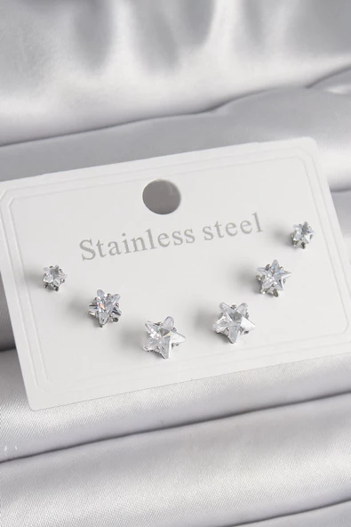 Gümüş Renk Zirkon Taşlı Yıldız Model Kadın Küpe Seti - EBJ241228W30182 ürün görseli