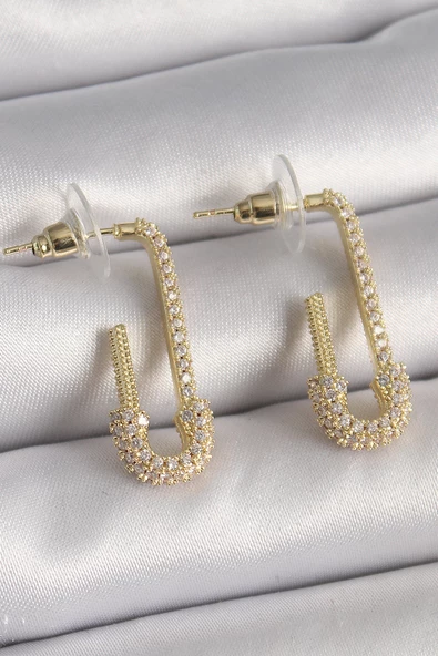 Pirinç Gold Renk Zirkon Taşlı Çengelli İğne Model Kadın Küpe - EBJ241228W30238 ürün görseli