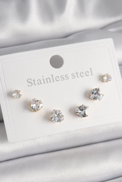 Gold Renk Zirkon Taşlı Kalp Model Kadın Küpe Seti - EBJ241228W30181 ürün görseli