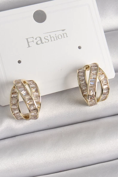 Pirinç Gold Renk Zirkon Taşlı Düğüm Halka Model Kadın Küpe - EBJ241228W30244 ürün görseli