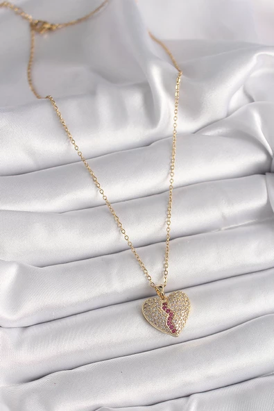 Gold Renk Zincir Zirkon Taşlı Kalp Model Kadın Kolye - EBJ241228W30252 - Resim 2