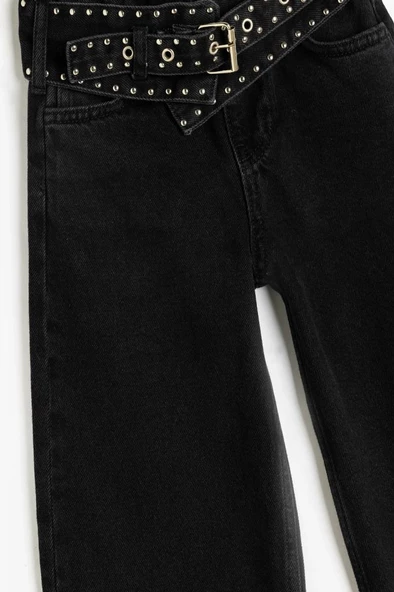 Koton Kız Çocuk Geniş Paça Kot Pantolon Kemerli Cep Detaylı Pamuklu - 3