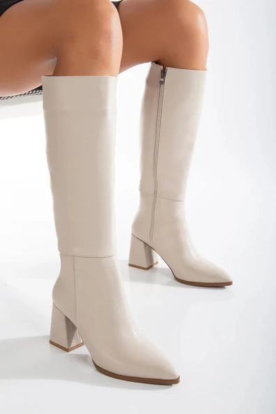 Artı-Artı028-0132  Kadın Günlük Kalın Topuklu Bej Cilt Çizme - Resim 4