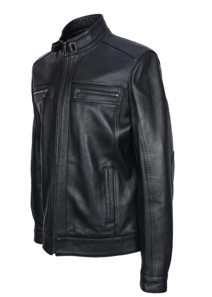 Battal Beden Siyah Renk Spor Erkek Deri Ceket - 4