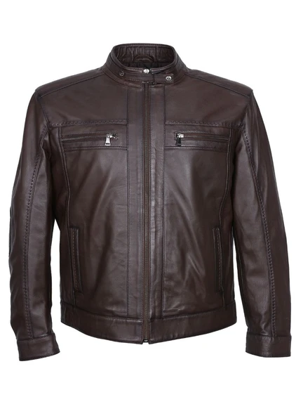 Battal Beden Fındık Renk Spor Erkek Deri Ceket - 10