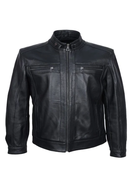 Battal Beden Siyah Renk Spor Erkek Deri Ceket - 10