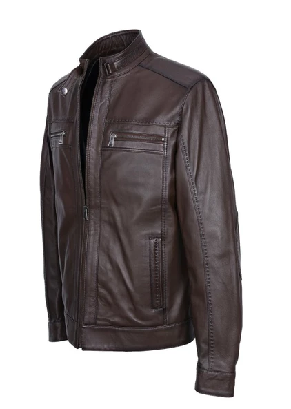 Battal Beden Fındık Renk Spor Erkek Deri Ceket - 9