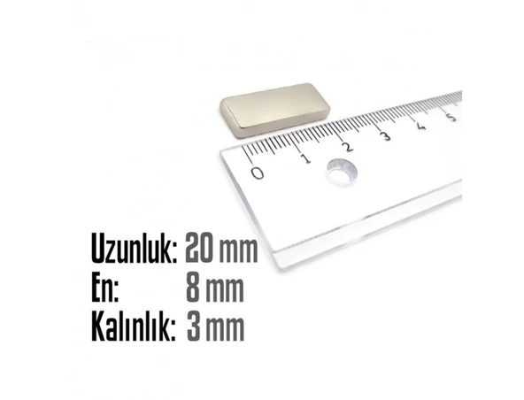 Neodyum Mıknatıs Köşeli  20x8mm , Kalınlık 3 mm ( 3 Adet)