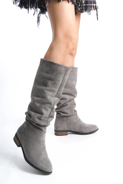 Artı-Artı006-0144 Kadın Günlük Körüklü Gri Süet Binici Çizme - 2