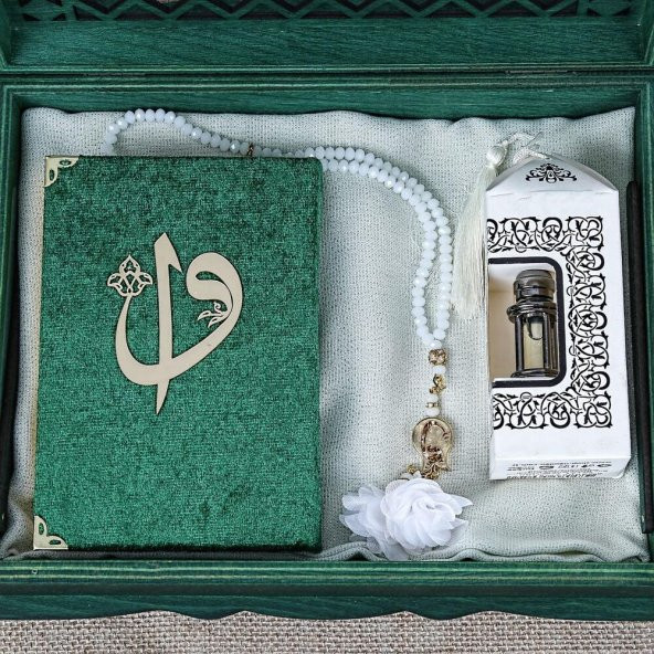 Hediyelik Şal, Kadife Kaplı Kuran-ı Kerim, Tesbih, Esanslı Ahşap Kutulu Set - 2