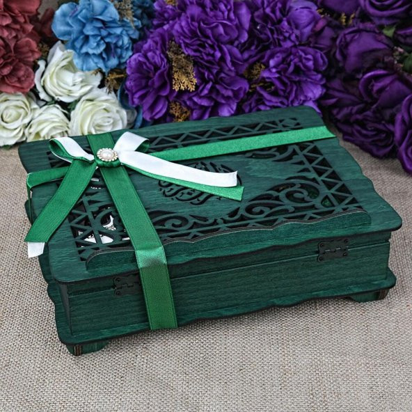 Hediyelik Şal, Kadife Kaplı Kuran-ı Kerim, Tesbih, Esanslı Ahşap Kutulu Set - 3
