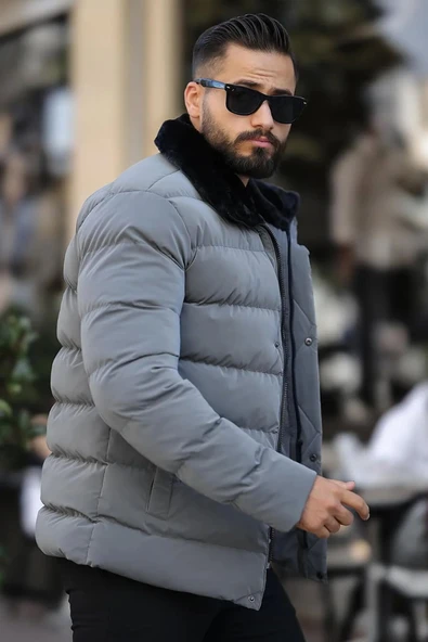 Erkek Parlak Kışlık Şişme Mont Astarlı Füme - Resim 2