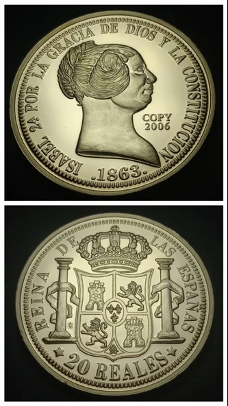1863 REINA DE LAS ESPANAS 20 REALES İsabel Temalı Sertifikalı Altın Kaplama Hatıra Proof 32gram 40mm