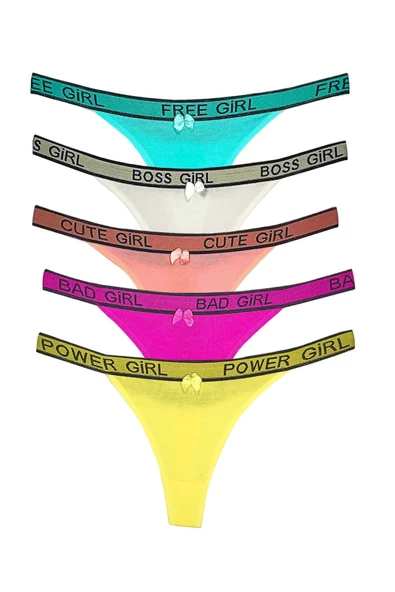 5 Adet Beli Yazılı Pamuk Kadın Tanga String Külot - Resim 2