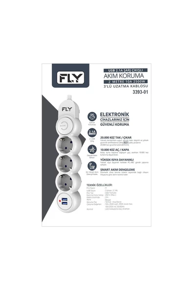 Fly -3393-01 Termal Akım Korumalı 3'lü Priz 2 Usb 2m 2.1a Uzatma Kablosu