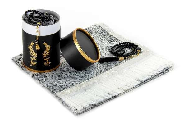 Biricik Anneme Seccadeli ve İnci Tesbihli Özel Silindir Kutulu Set - Siyah Renk - Resim 2