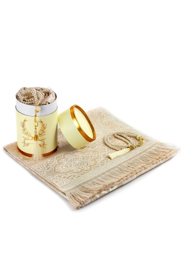 Canım Anneme Seccadeli ve İnci Tesbihli Özel Silindir Kutulu Set - Krem Renk ürün görseli 1