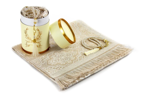 Canım Anneme Seccadeli ve İnci Tesbihli Özel Silindir Kutulu Set - Krem Renk - Resim 2