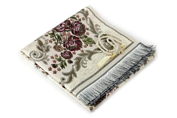 Lüks Gülce Şönil Seccade Krem Tesbih Hediyeli - Resim 3