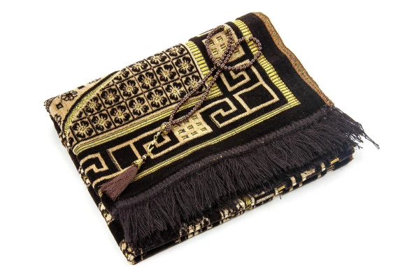 Lüks Kadife Şipinger Seccade  Tesbih Hediyeli Kahverengi - Resim 3