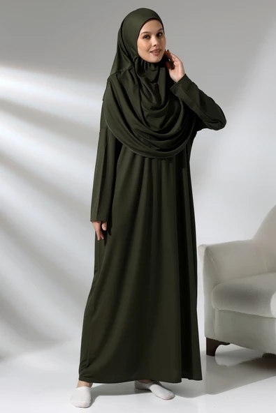 Tek Parça Namaz Elbisesi - Seccade - Tesbih - İbadet Seti - Haki - 2