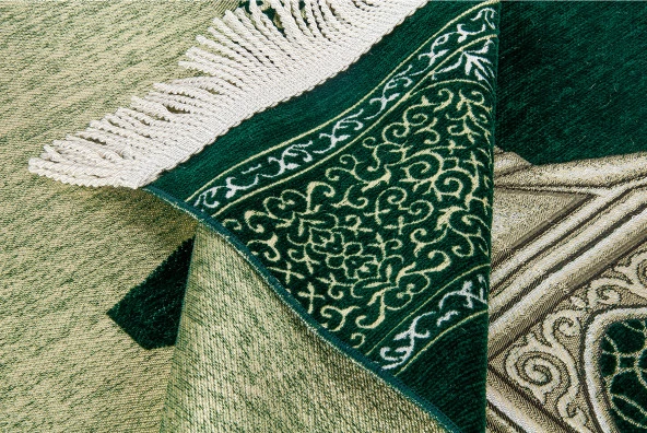 Makamı İbrahim Desenli Lüks Şönil Seccade - Yeşil - Resim 3