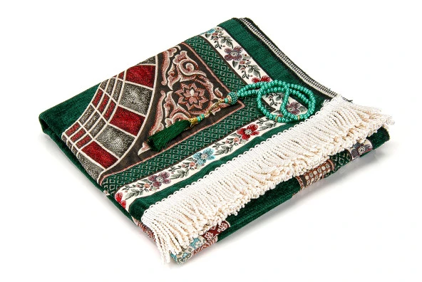 Osmanlı Kemer Mihraplı Lale Motifli Şönil Seccade Yeşil - Resim 2