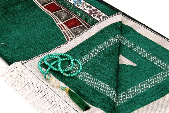 Osmanlı Kemer Mihraplı Lale Motifli Şönil Seccade Yeşil - Resim 3