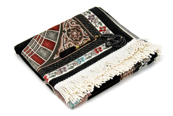 Osmanlı Kemer Mihraplı Lale Motifli Şönil Seccade Siyah - Resim 2