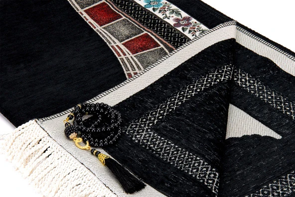 Osmanlı Kemer Mihraplı Lale Motifli Şönil Seccade Siyah - Resim 3