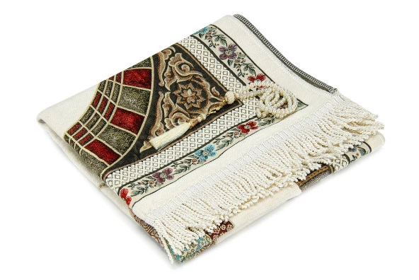 Osmanlı Kemer Mihraplı Lale Motifli Şönil Seccade Beyaz - Resim 2