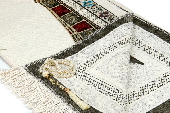 Osmanlı Kemer Mihraplı Lale Motifli Şönil Seccade Beyaz - Resim 3