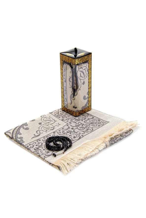 Özel Hediyelik Kutulu Seccadeli Tesbihli Set Siyah - Resim 2