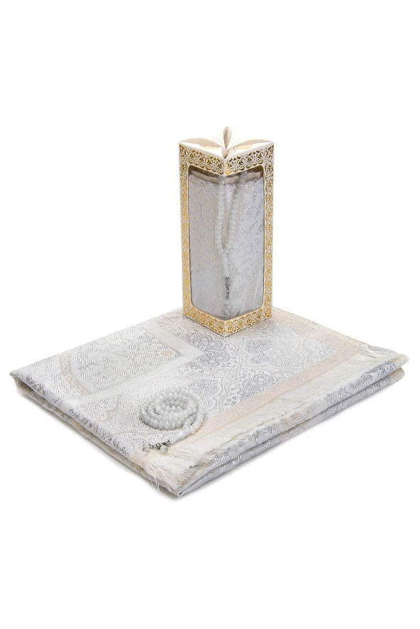 Özel Hediyelik Kutulu Seccadeli Tesbihli Set Beyaz - Resim 2