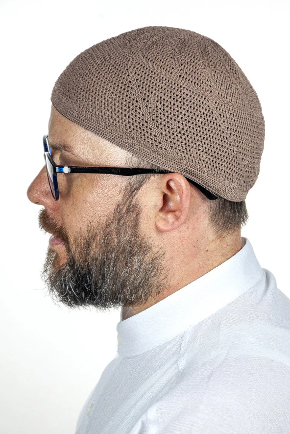 Gold Lüks Dantel Örme Namaz Takkesi Kahverengi 1 Adet - Resim 2