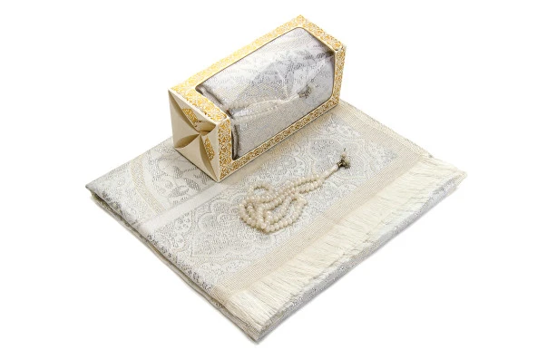 Özel Hediyelik Kutulu Seccadeli Tesbihli Set Beyaz - Resim 3