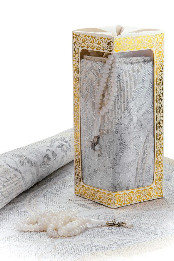 Özel Hediyelik Kutulu Seccadeli Tesbihli Set Beyaz - Resim 4