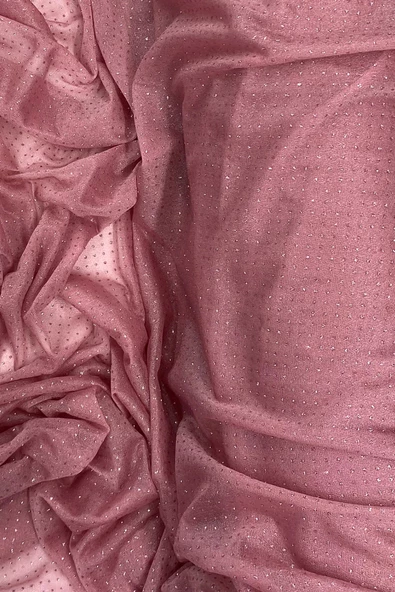 Yağmur Damlası Simli Abiye Elbise Şallık Tül Kumaş Gül Kurusu 32-H - Resim 2